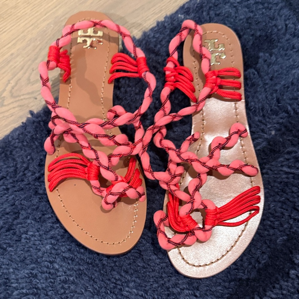 Tory Burch Shoes with  Pink and Orange Geometric Box and bag.